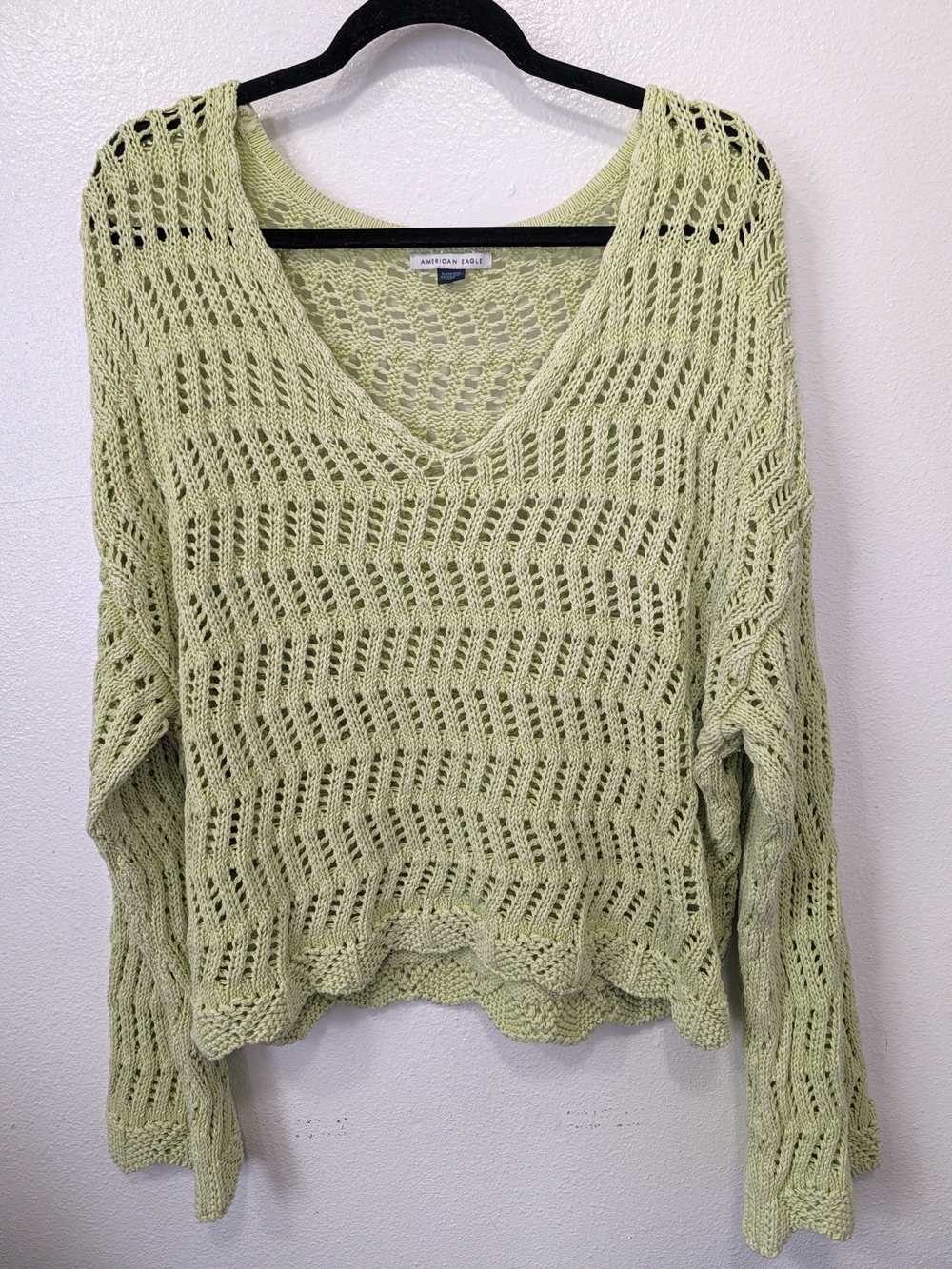 American Eagle Pale Green Open-Knit V-Neck Sweater
